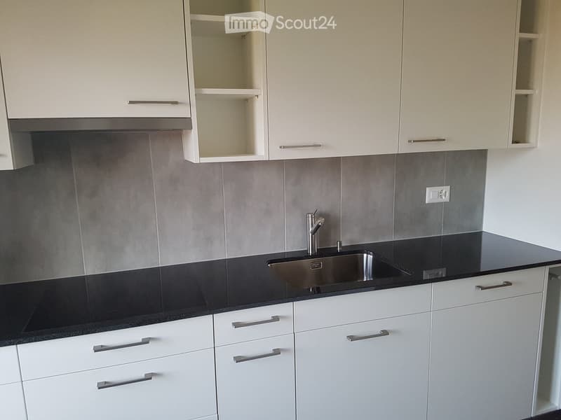 Modern kitchen with white cabinets, black countertops, and a stainless steel sink.