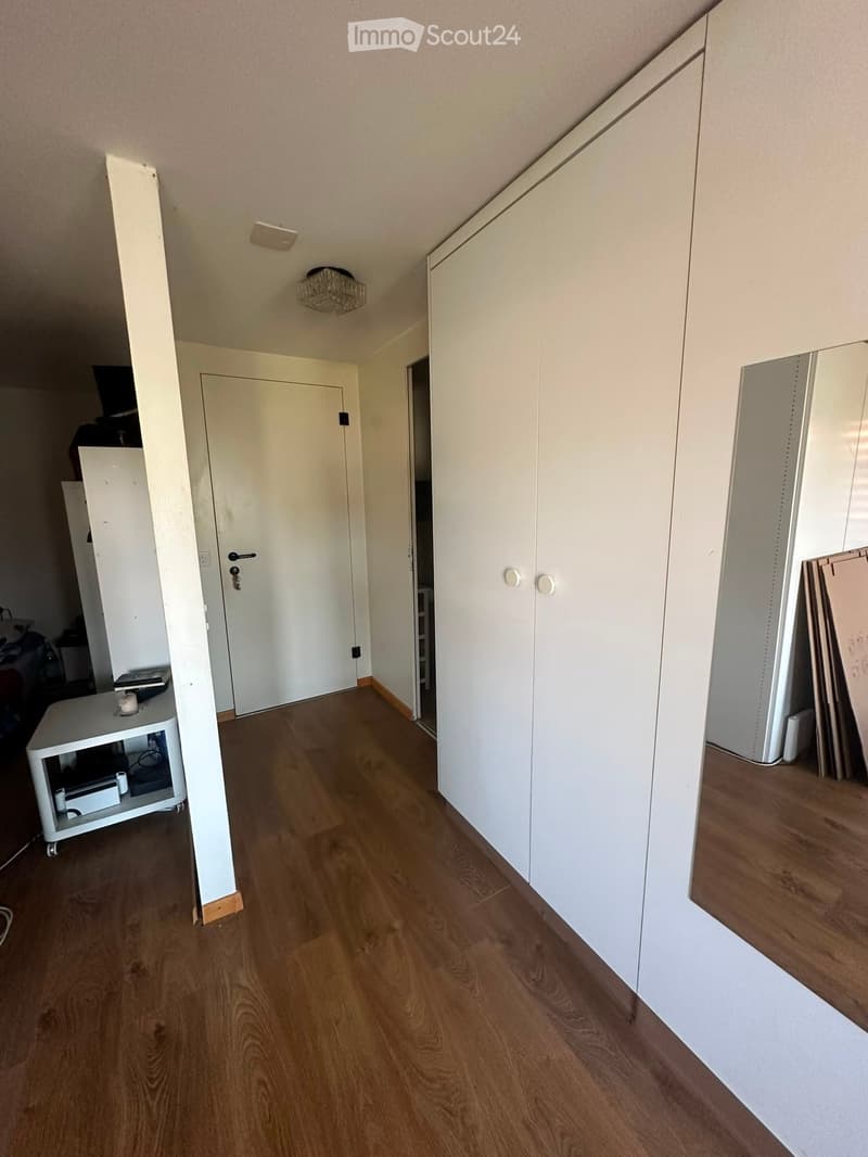 A narrow hallway with wooden flooring, white walls, and a closed door at the end. A small white shelf with books and a candle is visible on the left side, and a large white wardrobe is on the right.
