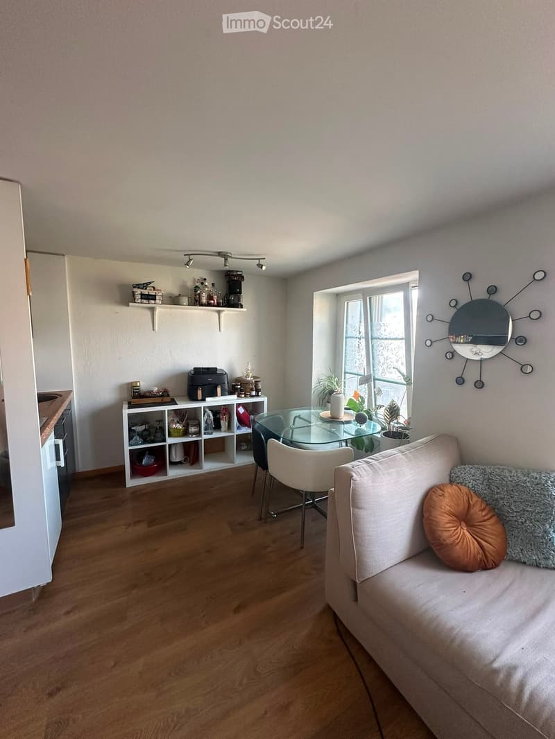 A modern living room with a light-colored sofa, a glass dining table with chairs, a shelf with various items, and a decorative mirror on the wall. The room features wooden flooring and large windows with sheer curtains.