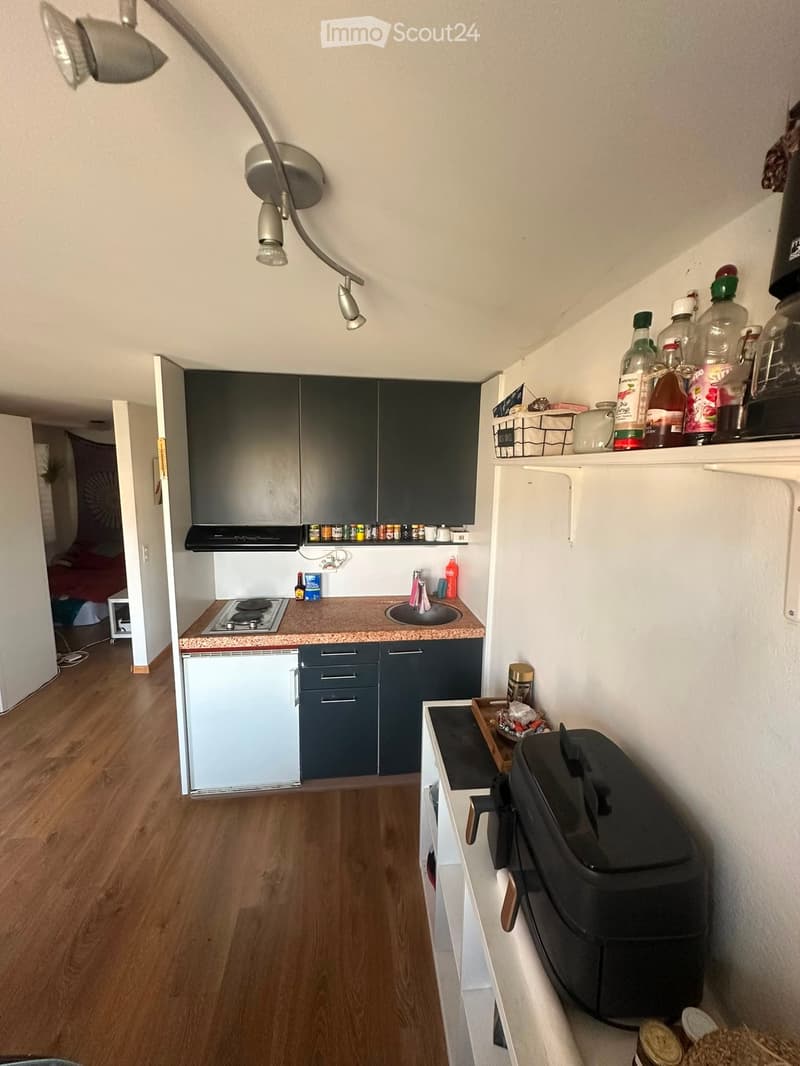 Modern kitchen with dark grey cabinets, a four-burner stove, a sink, and various appliances including a toaster and a refrigerator. The countertop is made of a light brown material, and there are several bottles and containers on the shelves.