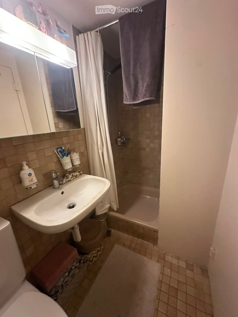 Small bathroom with a sink, mirror, shower, and tiled walls. Includes a towel, toothbrush holder, and soap dispenser.