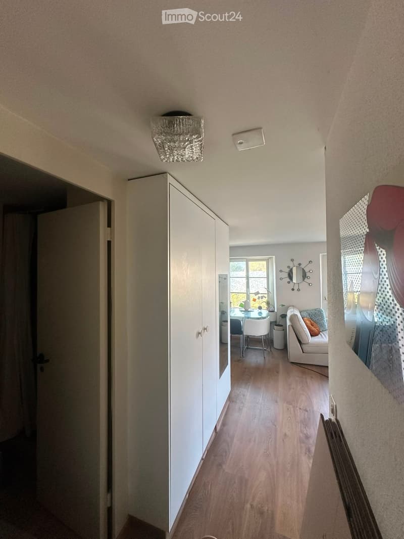 A modern hallway with light wooden flooring, white walls, and a ceiling light fixture. The hallway leads to a living area with a white sofa, a coffee table, and a dining area with chairs and a table.