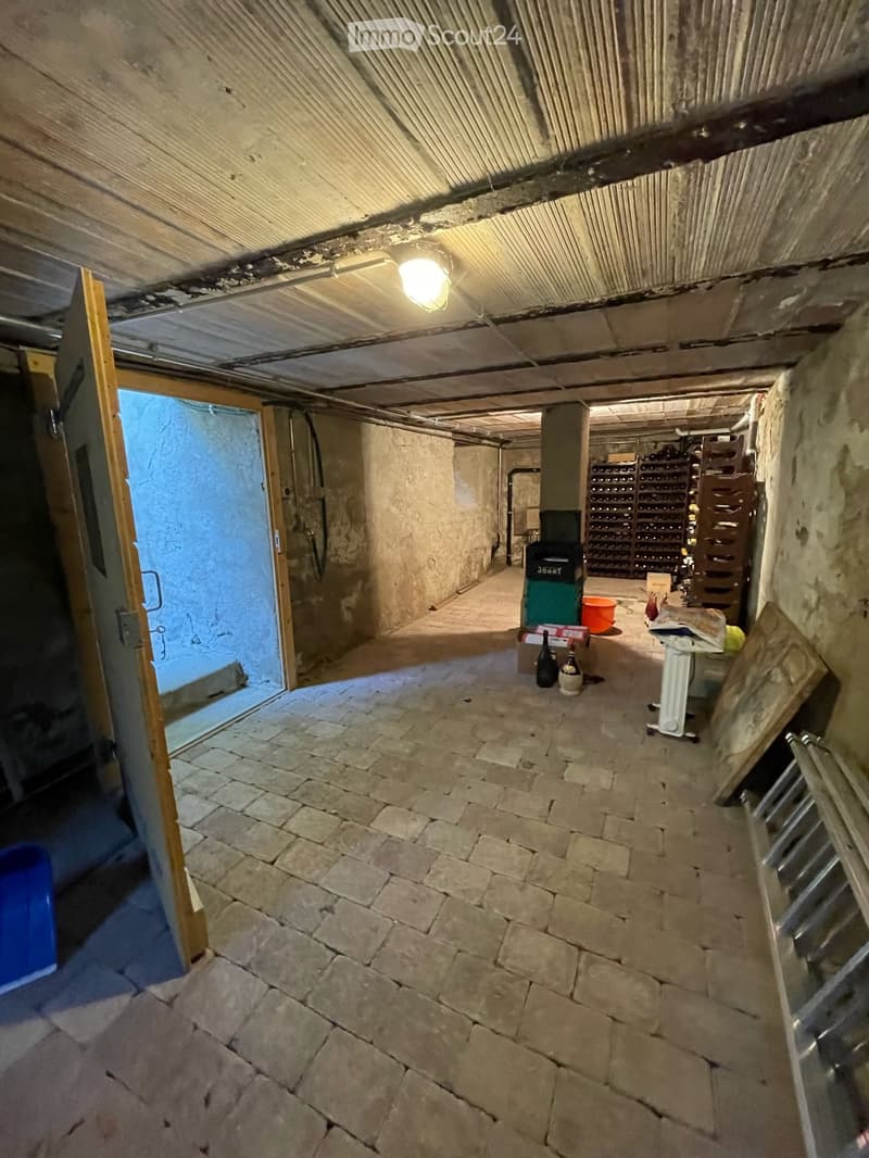 Underground storage area with stone brick floor, exposed wooden ceiling, and various storage items including a wine rack, radiator, and bins.