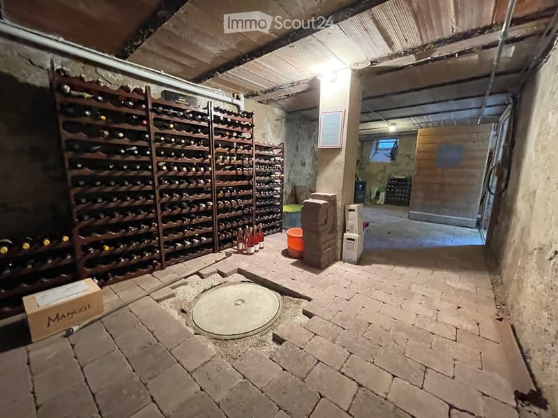 Underground cellar with stone walls and brick floor, featuring a large wine rack filled with bottles, an orange bucket, a stack of bricks, and a cardboard box labeled "MANCOT".