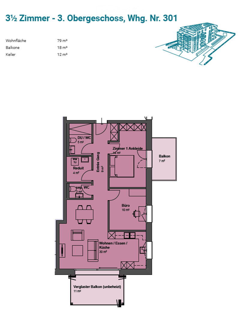 Floor plan of a 3.5-room apartment on the 3rd floor, including living/dining area, kitchen, bedroom, office, and balcony.
