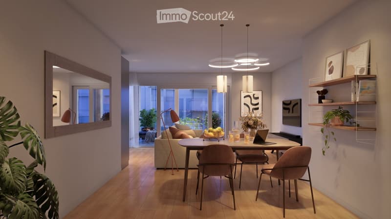 Modern living and dining area with a sofa, dining table, chairs, laptop, flower vase, mirror, shelves, and plants.