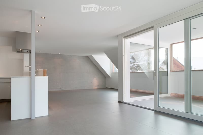 Modern, minimalist room with large glass sliding doors leading to a balcony, white walls, grey concrete floor, and a small white counter.