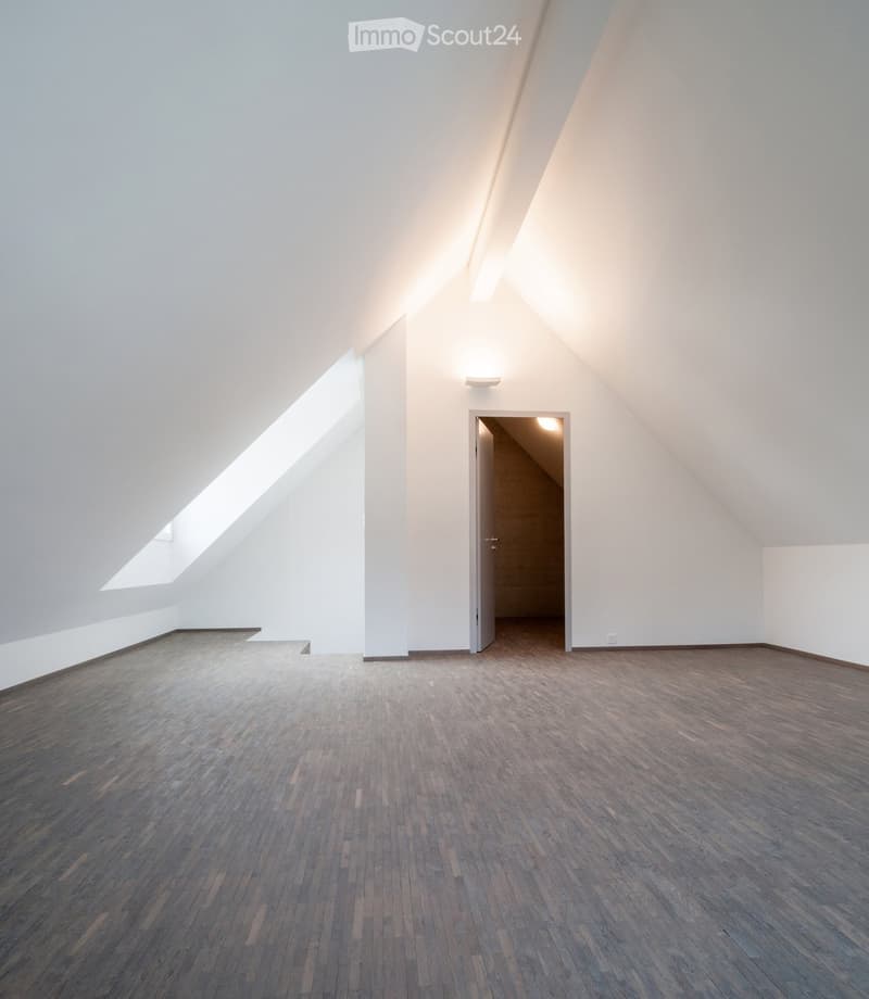 Empty attic room with wooden flooring, white walls, and skylight windows. No furniture or equipment present.
