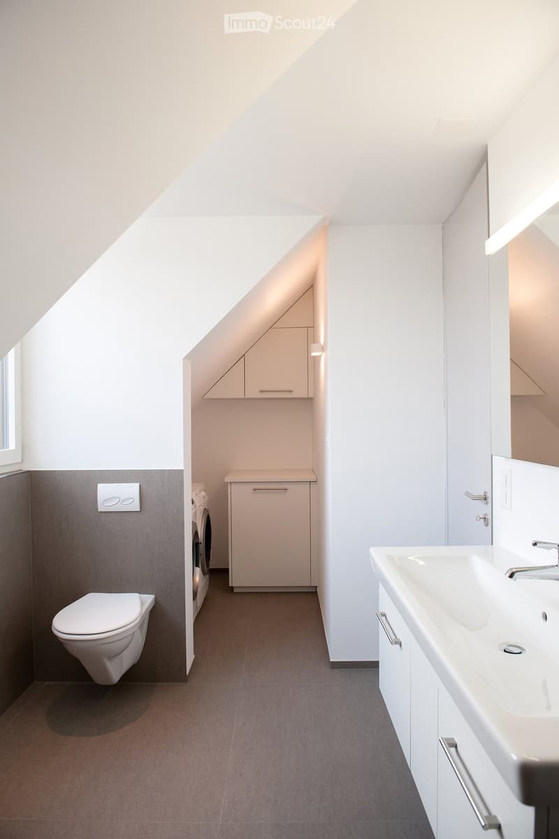 Modern bathroom with a toilet, sink, washing machine, and built-in cabinets. The space features a sloped ceiling and neutral tones.