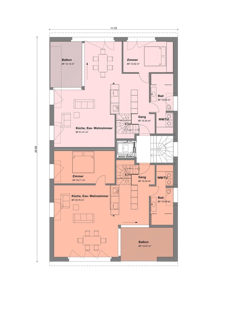 Floor plan of a two-story apartment with two bedrooms, two bathrooms, two balconies, and a combined kitchen and living-dining area on each floor.