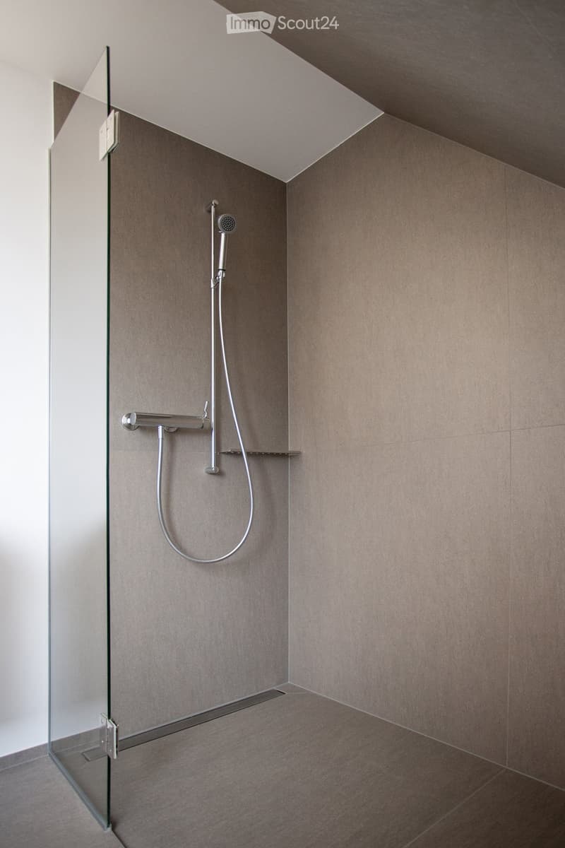 Modern shower area with a glass enclosure, a handheld showerhead on a rail, and sleek, contemporary design.