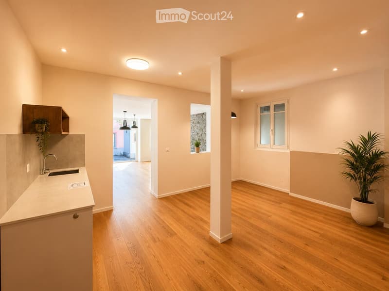 Modern, minimalist kitchen with light wood flooring, white cabinetry, and a small sink area. A potted plant is placed near the window, and the space is well-lit with recessed lighting.