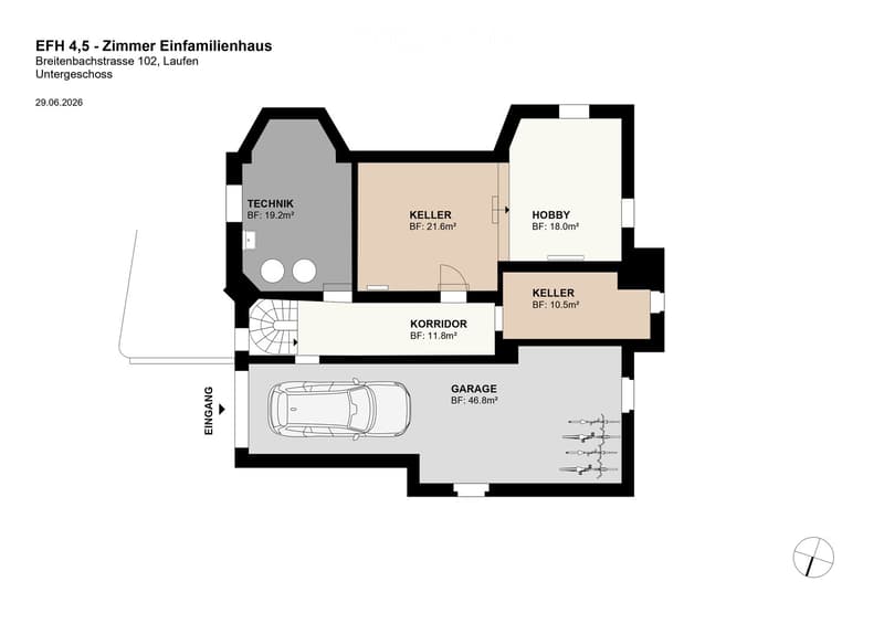 Floor plan of a4.5-room single-family house basement level, including a garage, technical room, hobby room, and two storage rooms.