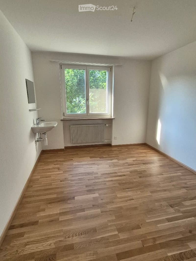 Empty room with wooden flooring, white walls, a window with white frame, a sink, and a radiator.