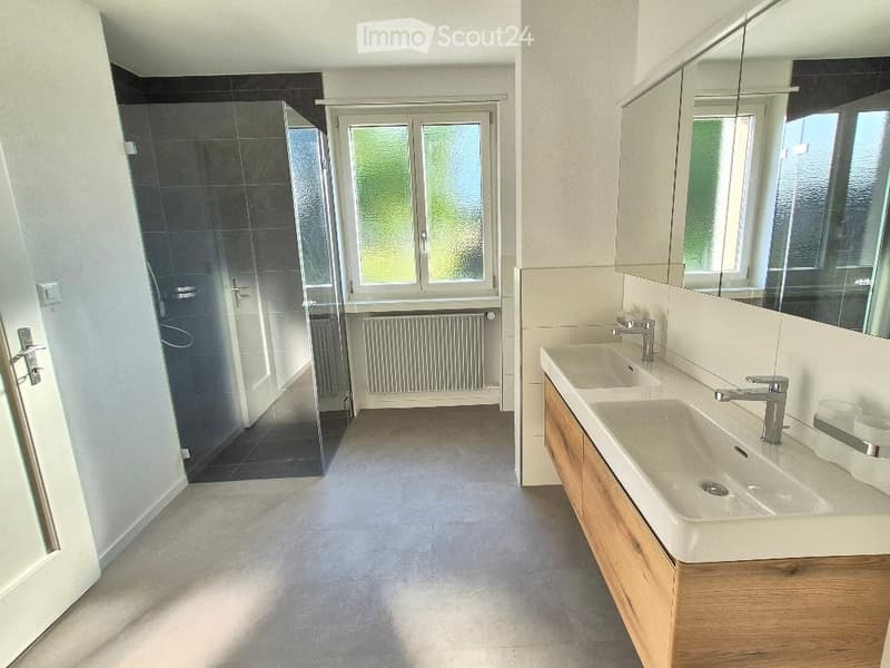 Modern bathroom with double sink, wooden cabinet, large mirror, and glass-enclosed shower area.