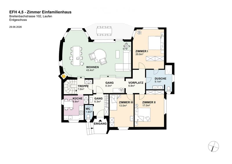 Ground floor floor plan of a 4.5-room single-family house, including living area, kitchen, three bedrooms, bathroom, hallway, staircase, and entrance.