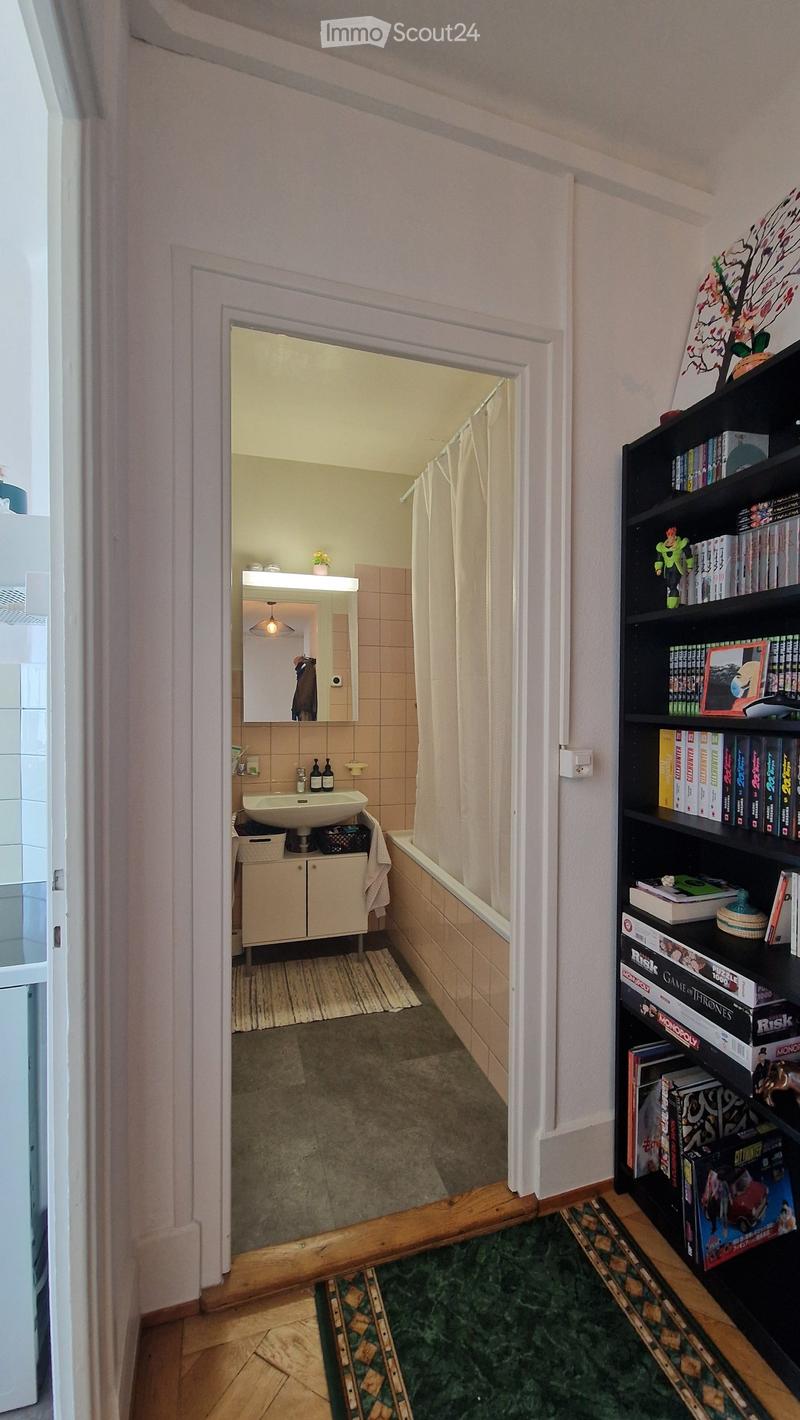A narrow hallway with wooden flooring and a green rug leading to a small bathroom. The bathroom features a sink, mirror, and tiled walls.