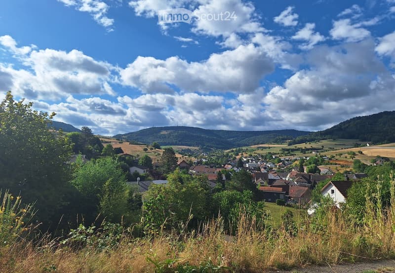 A panoramic view of a rural village nestled in a valley, surrounded by rolling hills and fields under a partly cloudy sky.