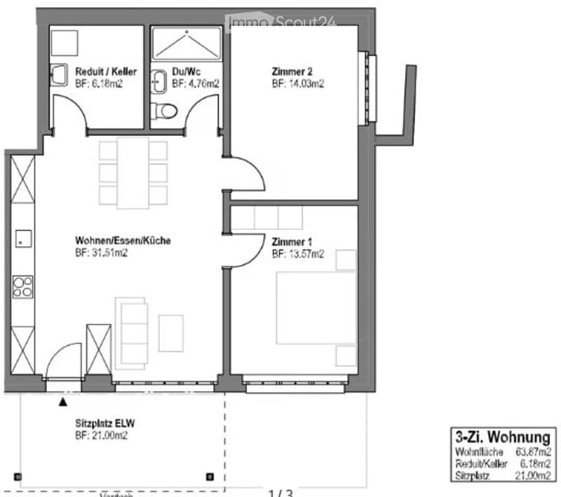 Floor plan of a 3-room apartment with living/dining/kitchen area, two bedrooms, and a bathroom/toilet. Includes a storage area and entrance.
