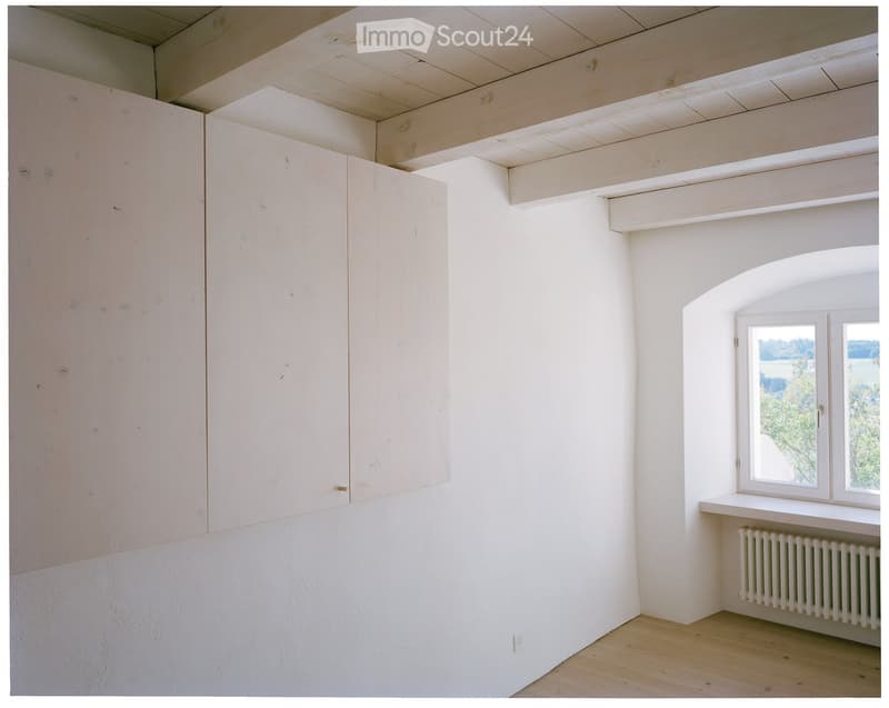 Empty room with white walls, wooden floor, large window with view, radiator, and built-in cabinetry.