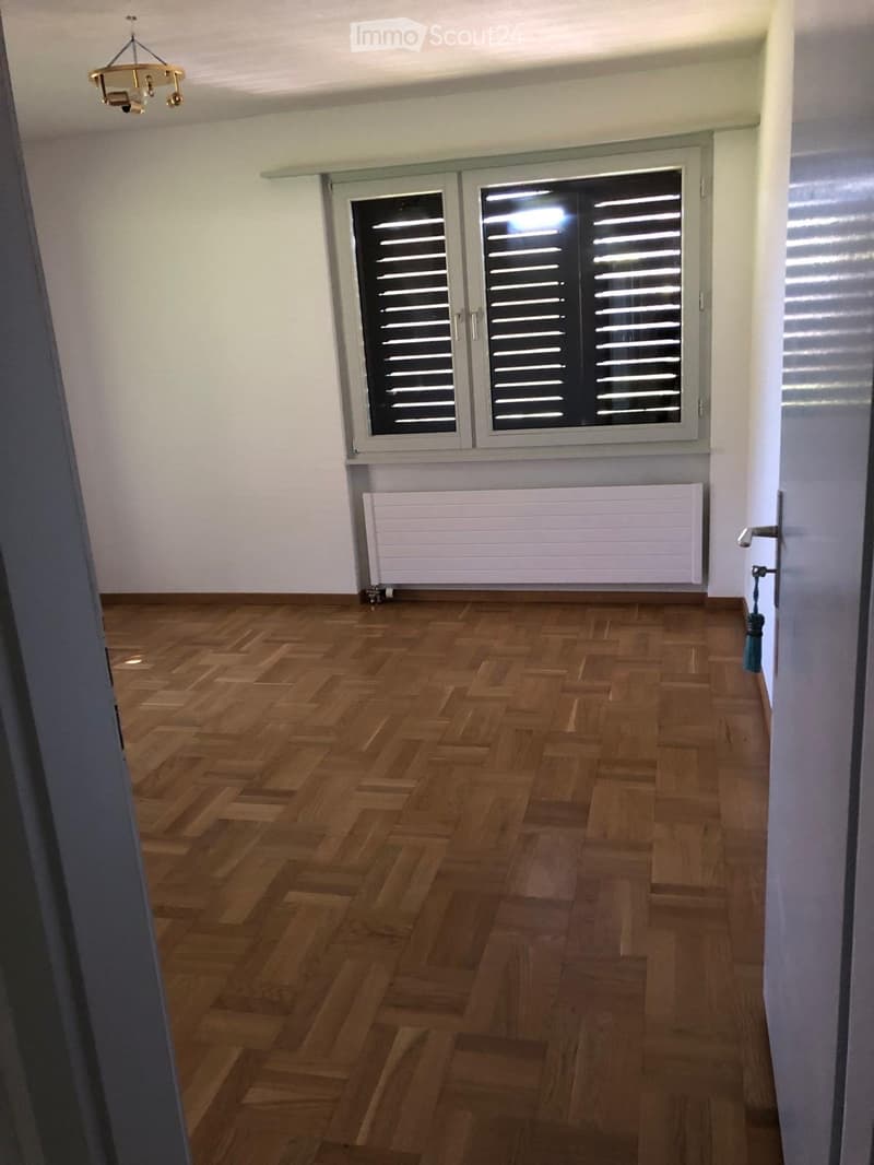 Empty room with wooden herringbone flooring, white walls, a window with shutters, a radiator, and a chandelier light fixture.