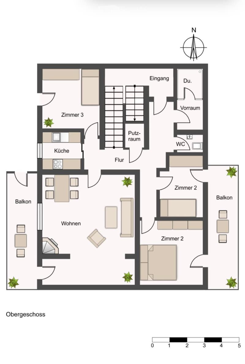 Layout of a top-floor apartment with living area, kitchen, three bedrooms, bathroom, entrance hall, storage room, and two balconies.