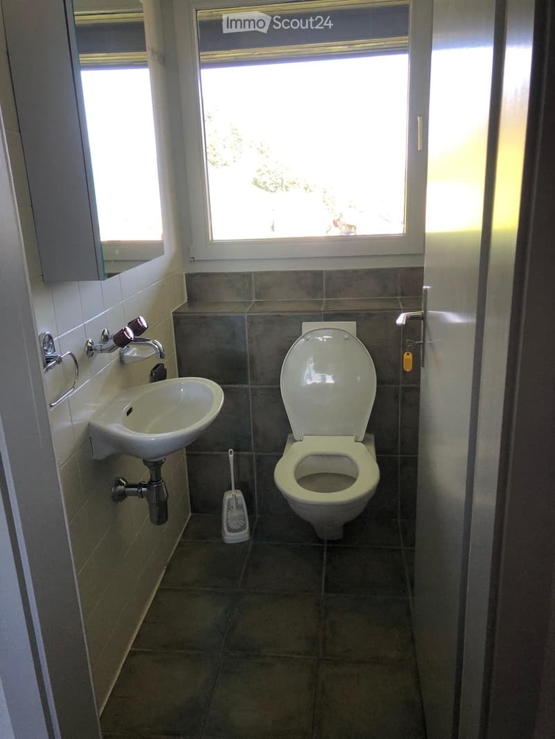 A small bathroom with a toilet, sink, and a toilet brush. The walls are tiled, and there is a window providing natural light.