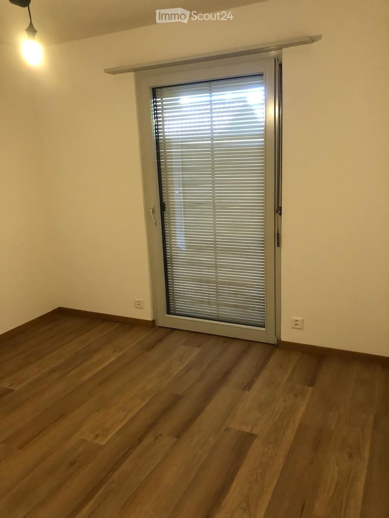 Empty room with wooden flooring, large sliding glass door with blinds, and light-colored walls.