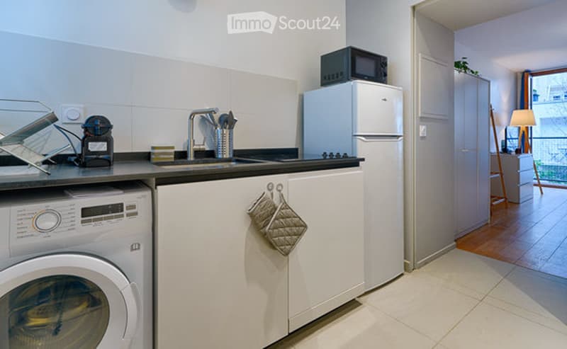 Modern kitchen with white cabinets, stainless steel sink, refrigerator, microwave, oven, and washing machine. Includes a dish rack and oven mitt hanging from a cabinet.