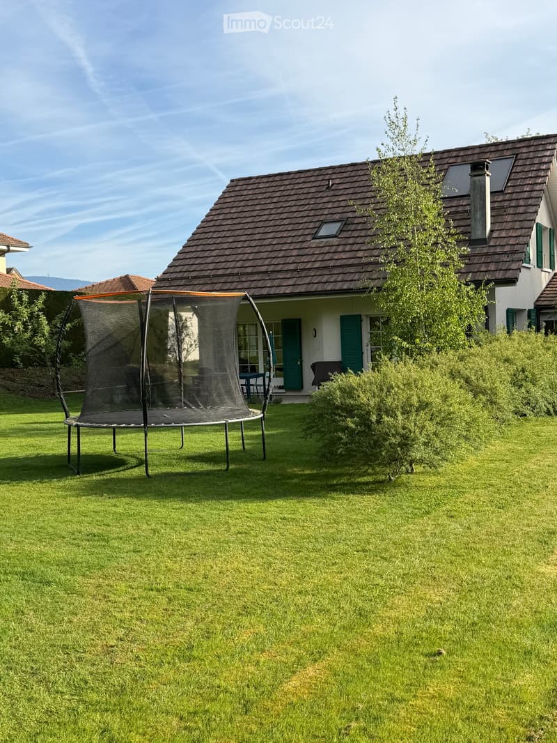 Lush green lawn with a trampoline in the foreground, a two-story house with green shutters and a brown tiled roof in the background, surrounded by trees and shrubs.