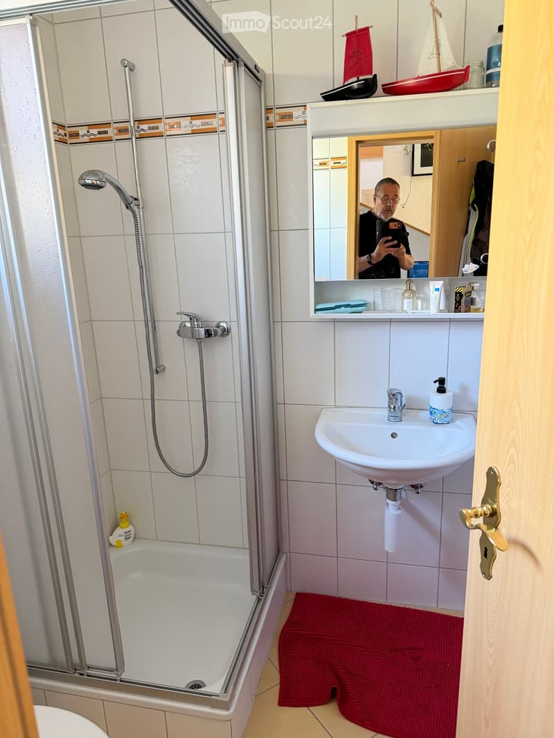 Modern bathroom with a bathtub, shower, sink, and mirror. Includes a red towel on the floor and a small duck toy in the bathtub.