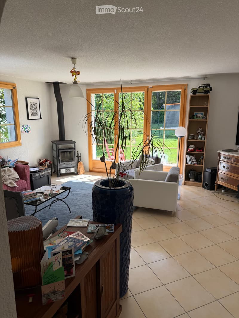 Bright living room with large windows, fireplace, sofa, coffee table, bookshelf, and decorative plant in a large vase.