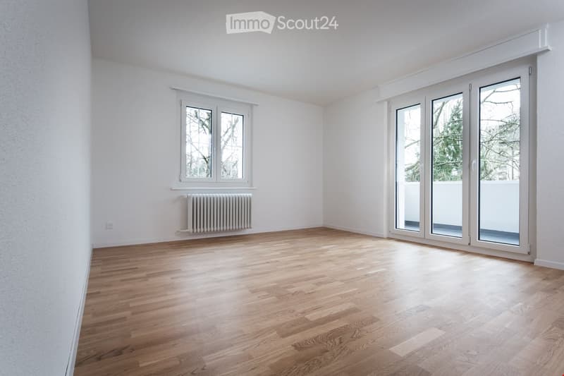 Empty room with hardwood floors, glass doors, windows, and a white radiator.