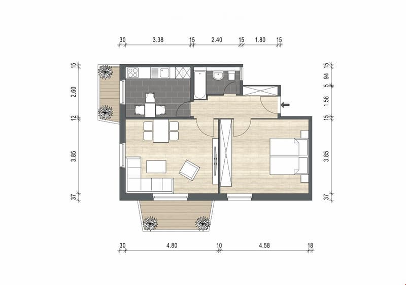 Open living room with kitchen, 1 bedroom, 1 bathroom, terrace