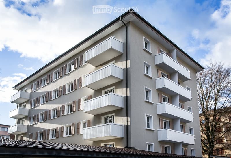 Apartment building, multiple floors, balconies, brown shutters, modern design