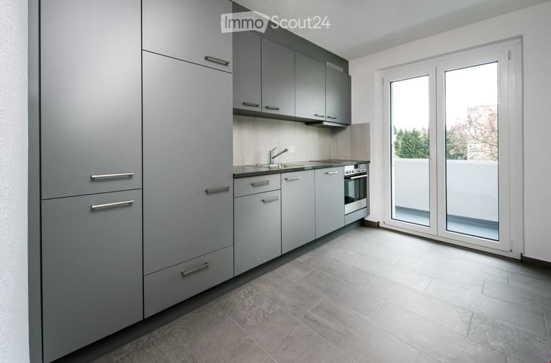 Minimalist kitchen, modern cabinetry, gas stove, double sink, large window leading to balcony