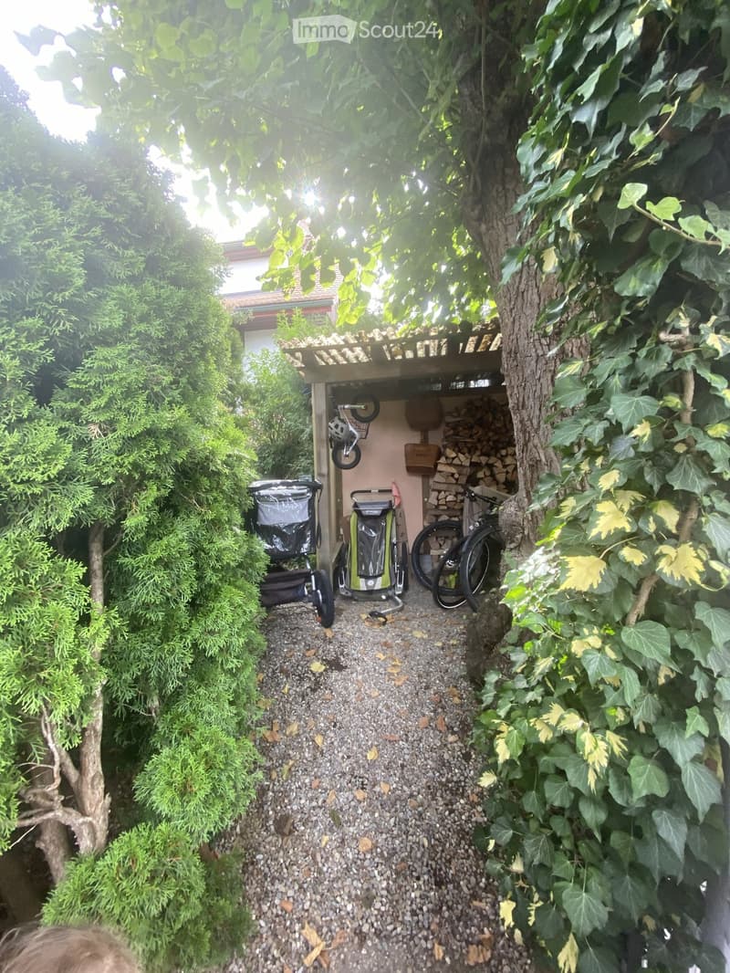 A narrow garden pathway lined with gravel, surrounded by lush greenery, including trees and shrubs. A small wooden shed is visible, containing bicycles, a stroller, and firewood.