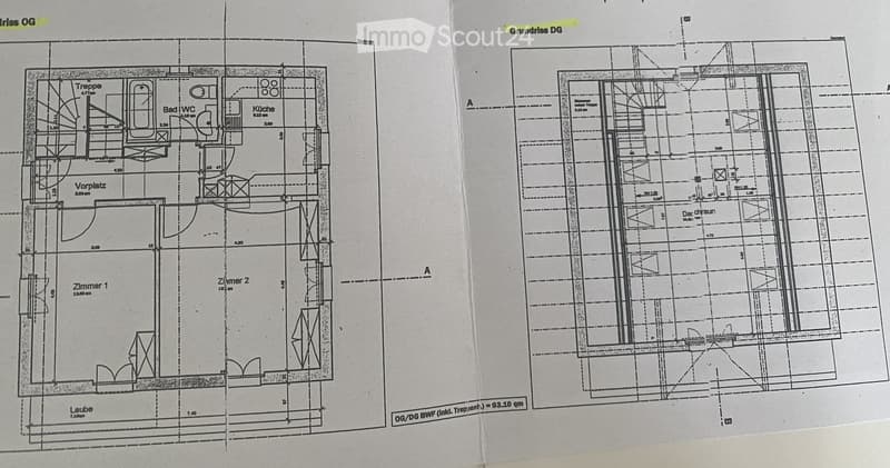 Floor plan showing two levels: ground floor (OG) and upper floor (DG). Ground floor includes entrance, living area, kitchen, bathroom, and two bedrooms. Upper floor includes a bedroom and a balcony.