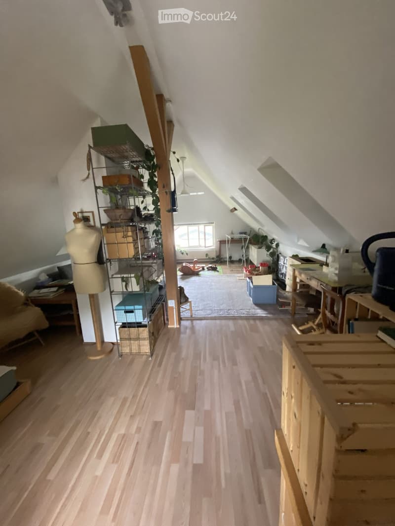 An attic room with wooden flooring, slanted ceilings, and large windows allowing natural light. The space includes a sofa, a small table, a metal shelving unit with plants and storage boxes, a desk with a lamp, and various other furniture and items.