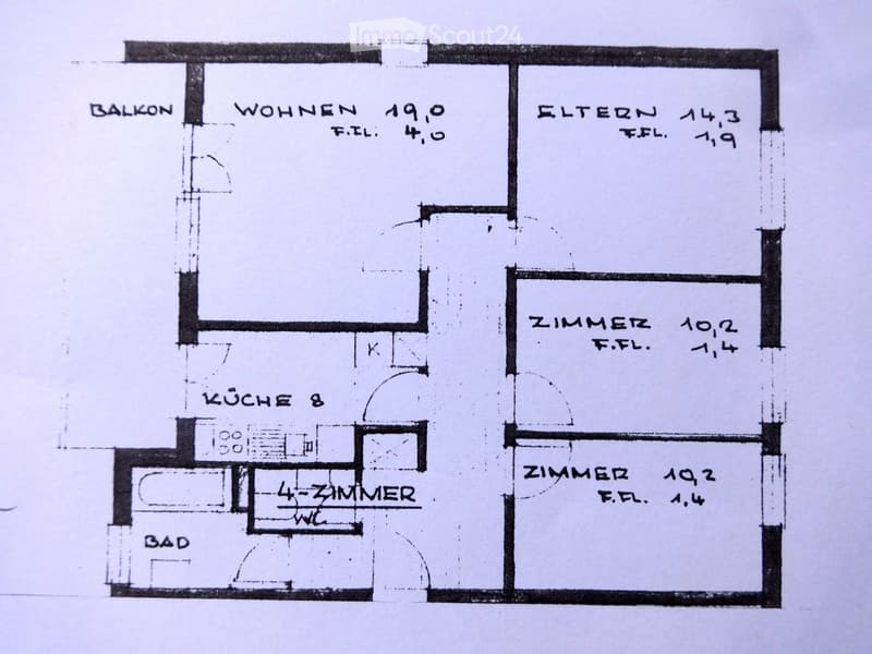 Floor plan showing a 4-bedroom apartment with a living room, kitchen, bathroom, and balcony.