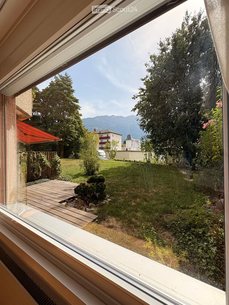 View from a window showing a garden with a wooden deck, grass, shrubs, and distant mountains.