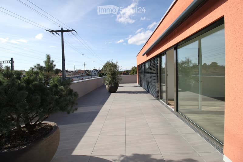 Modern balcony with tiled floor, large glass sliding doors, and potted plants.