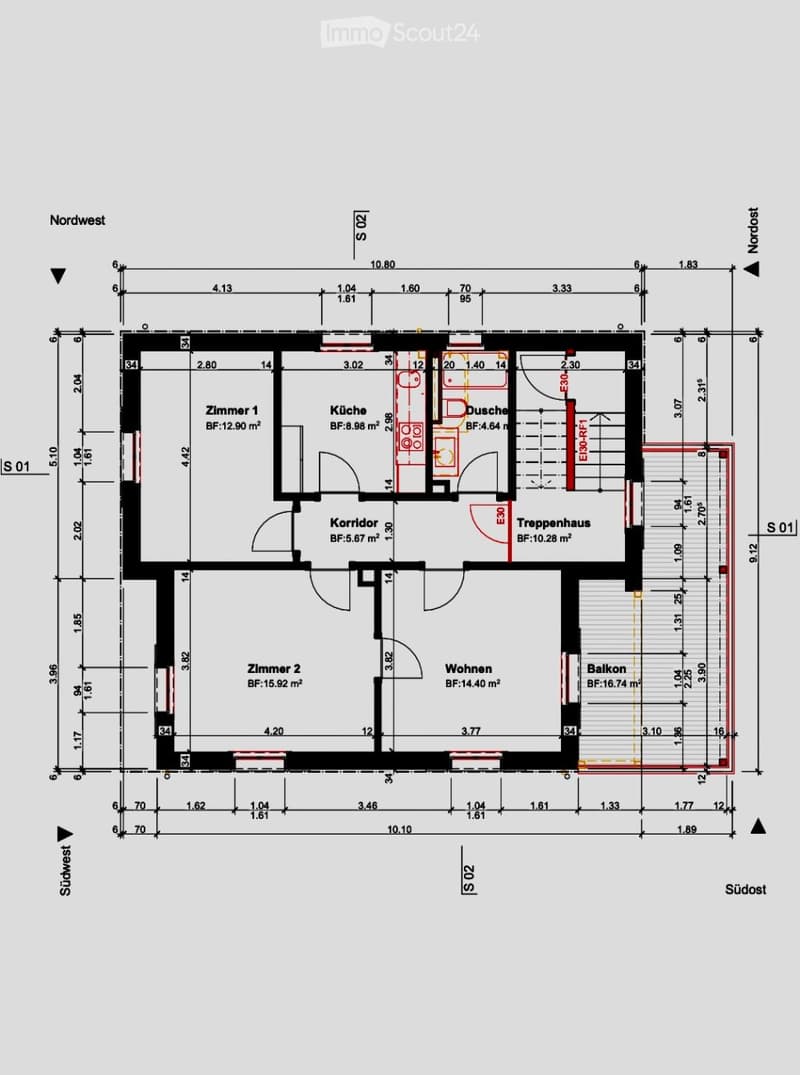 Floor plan showing a layout with labeled rooms including Zimmer 1, Küche, Dusche, Korridor, Treppehaus, Zimmer 2, Wohnen, and Balkon. Dimensions and measurements are indicated throughout.