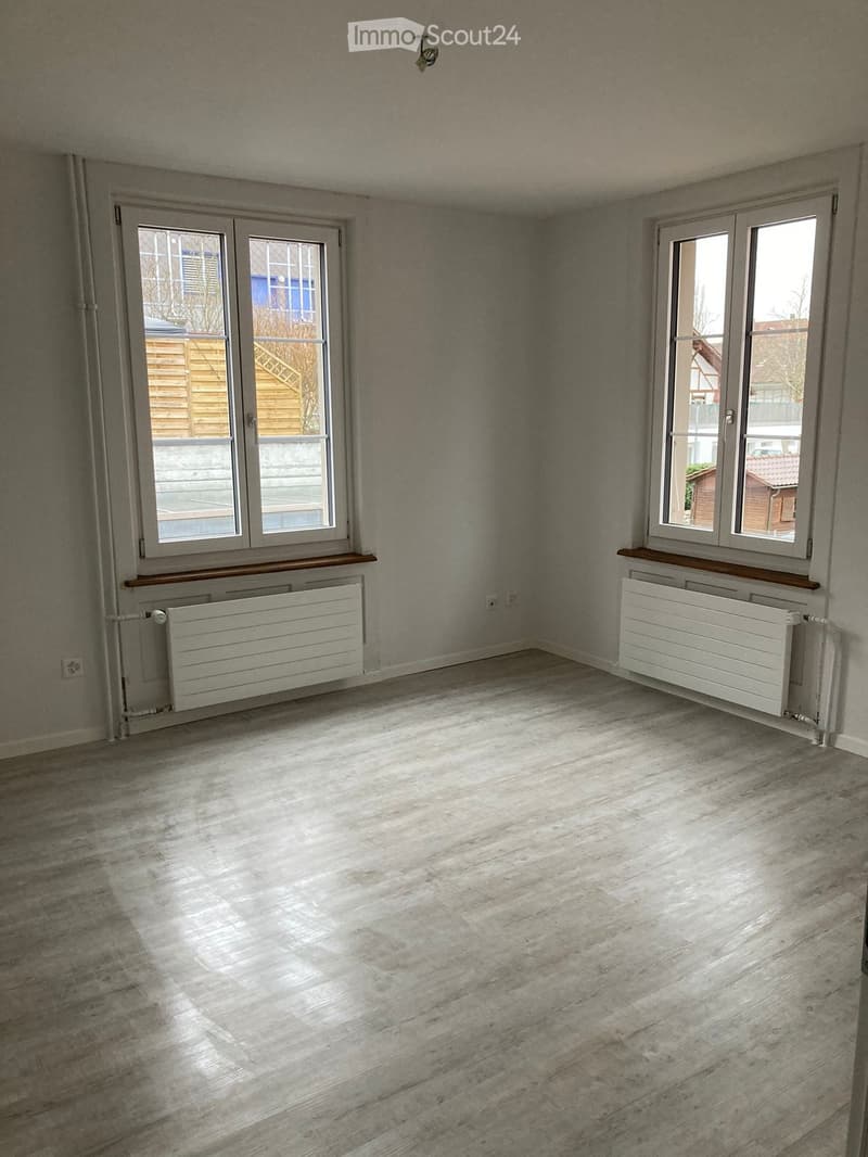 Empty room with light grey walls, wooden flooring, two windows with radiators below, and a small shelf above each radiator.