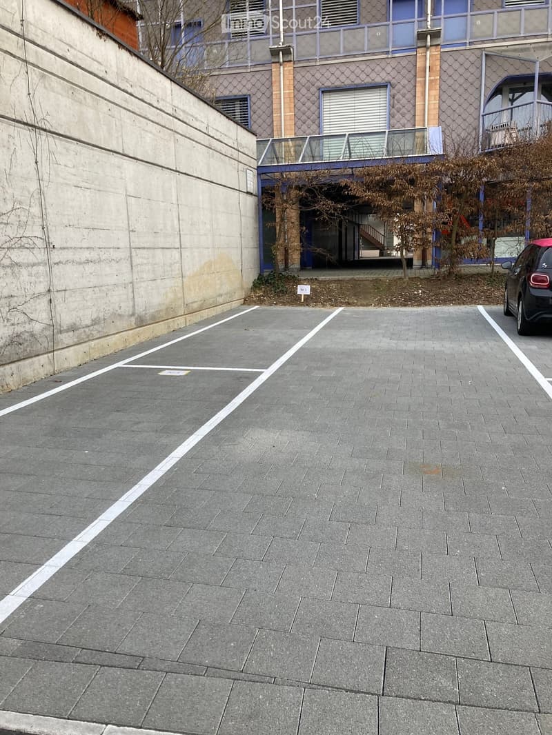 Paved outdoor area with marked parking spaces, adjacent to a modern building with blue and gray facade, small trees, and a parked car.