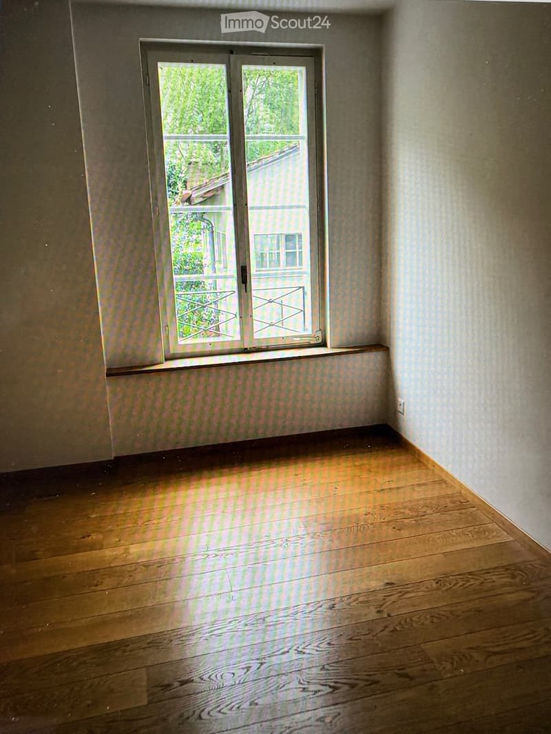 Empty room with wooden flooring, light-colored walls, and a large window with a view of greenery outside.