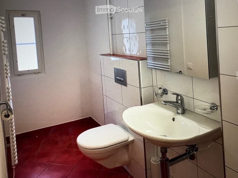 Bathroom with red tiled floor, white toilet, sink with chrome faucet, mirror, and cabinet.