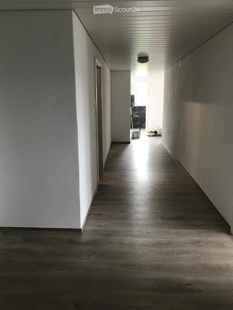 Empty hallway with wooden flooring, white walls, and a single light fixture on the ceiling. The hallway leads to an open doorway at the end.
