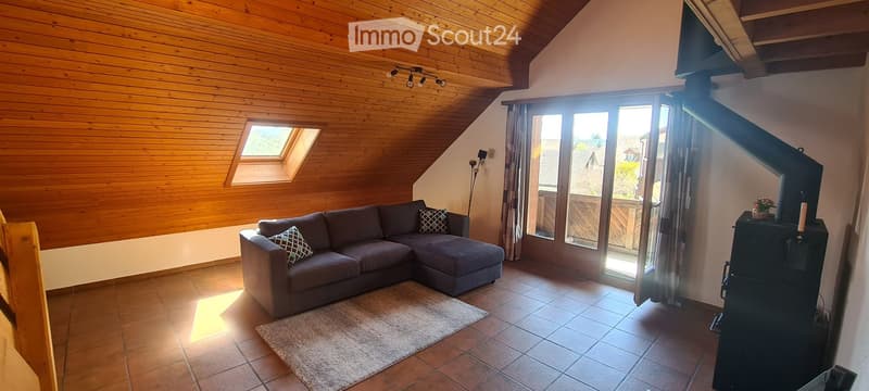 Cozy living room with wooden walls, slanted ceiling, large windows, grey sectional sofa, fireplace, and a small round rug.