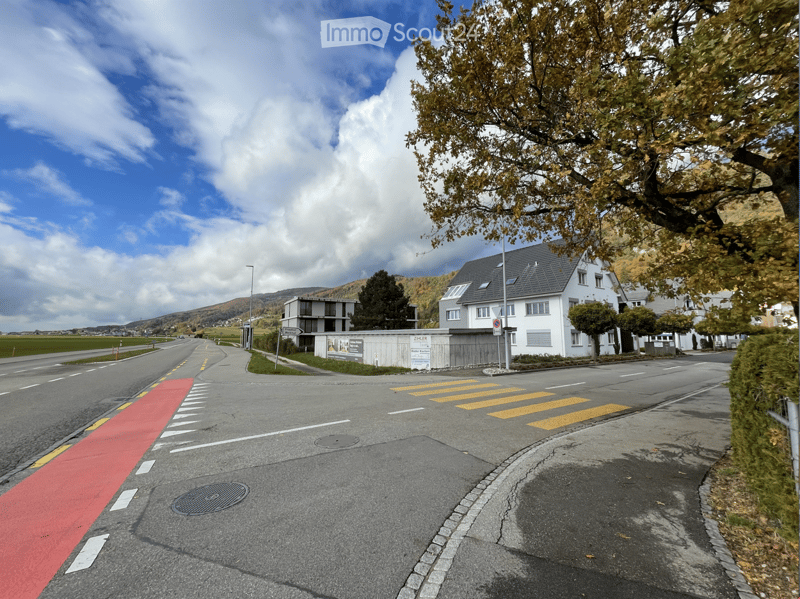 Residential street with a two-story white house, a modern building, and a pedestrian crossing.
